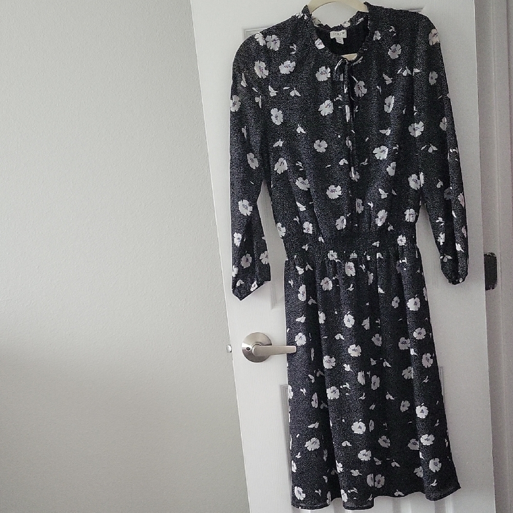 J. Crew Black and White Floral Long Sleeve Dress